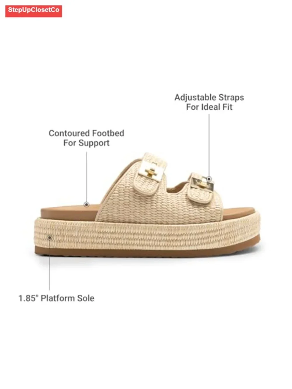 Raffia Espadrilles Platform Wedge Sandals Adjustable Buckle Slide